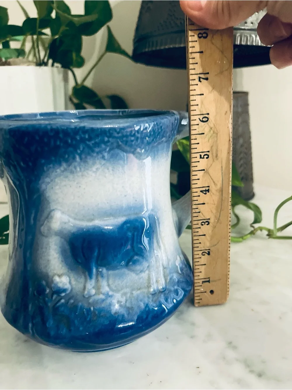 Vintage Blue Salt Glazed Stoneware Pitcher Cow in Pasture Flowers